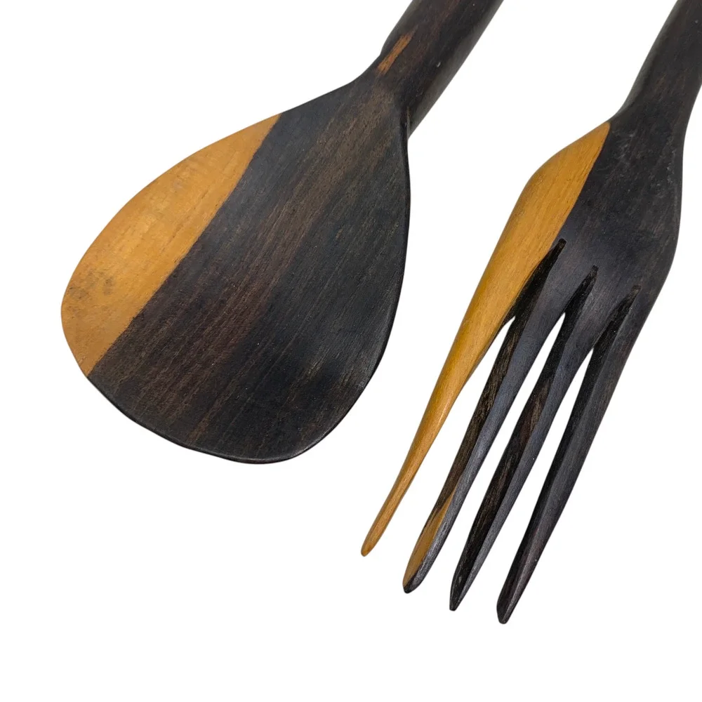 Vintage African Carved Wood Figural Salad Servers Fork Spoon Folk Art 14.5